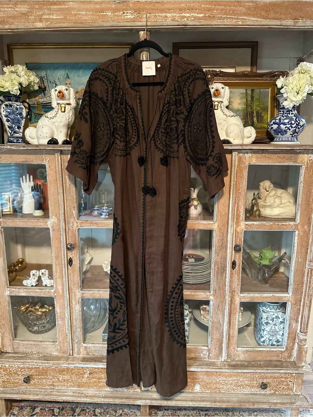 Linen Ukrainian Brown Maxi Dress with Black Embroidered Accents
